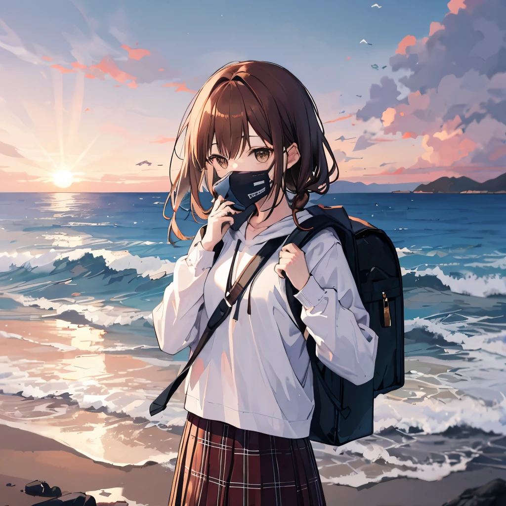 dusk，Brown hair girl，Wearing a white shirt and plaid skirt，The hood covered her face，She carries a backpack on one shoulder，A guitar on one shoulder，Facing the sea。