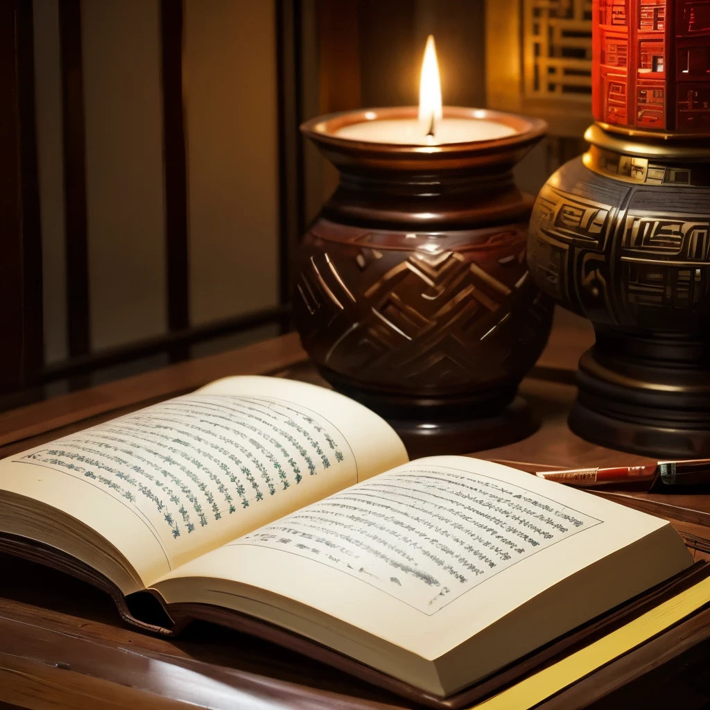 ((best quality)), ((masterpiece)), (detailed), a Chinese book and a brush pen lies on a Chinese style talbe in a Chinese style room with candle light, Tang dynasty