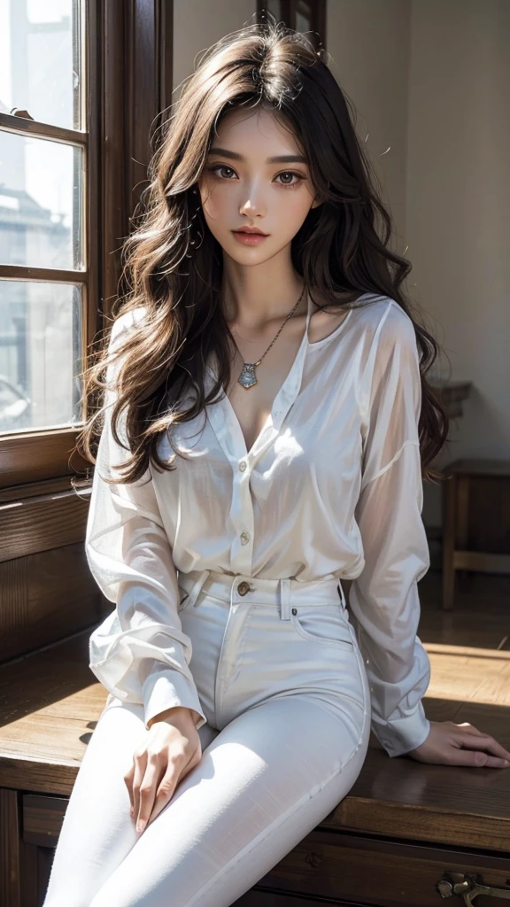 A superb exquisite real beauty girl, black long curly hair, exquisite facial features, peerless beauty, white shirt, black jeans, serious face, soft, dreamy quality, light white and dark brown, exaggerated facial features, solid color, frank off-white, surreal, blue gem necklace, ultra-clear, beautiful young girl, cute and lively, super short tights, background by the window