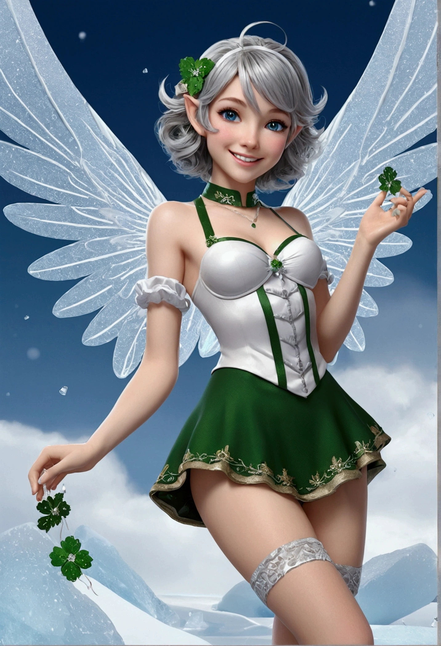 change, Leprechaun, Gray Hair: length, blue eyes, Small breasts, Best, garter, hair accessory, Captivating smile, sight, Tilt your head, Behind the arm, (slim), (Thin legs: Leg spread), Attention to detail, Highest quality, masterpiece, Detailed ice, Cumulonimbus, Beautiful details shine, ice crystal texture wings