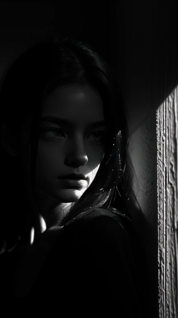 The subject stands in a dimly lit room, their face bathed in shadow. The lighting is harsh and moody, casting deep shadows across their features. Their expression is unreadable, and there is a sense of depth and intrigue in their dark eyes. The photo is shot in black and white or sepia tones, adding to the sense of mystery and atmosphere.