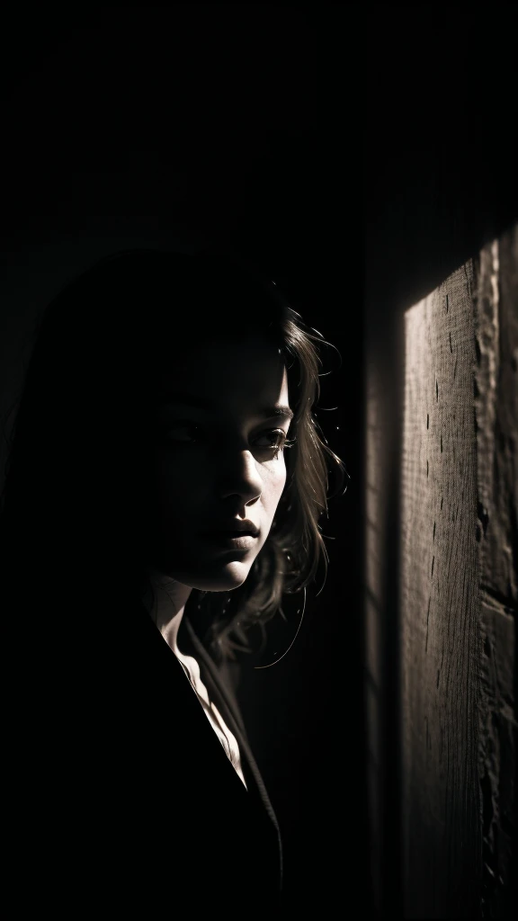 The subject stands in a dimly lit room, their face bathed in shadow. The lighting is harsh and moody, casting deep shadows across their features. Their expression is unreadable, and there is a sense of depth and intrigue in their dark eyes. The photo is shot in black and white or sepia tones, adding to the sense of mystery and atmosphere.