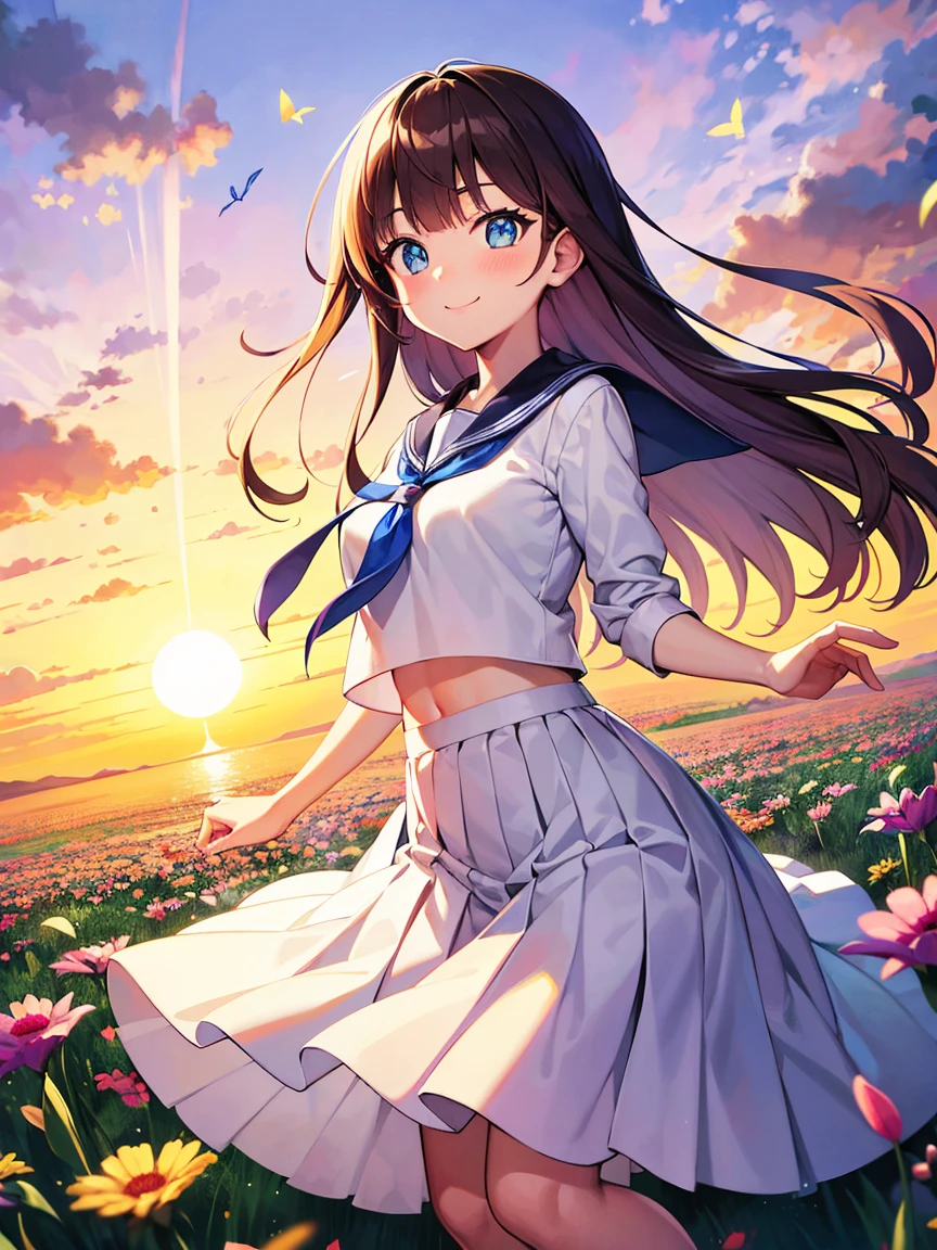 (( best quality, masterpiece, 4k, 8k, 16k, absurdrity,)), Ultra-Wide Angle, anime style, ray tracing, 1girl, smile, blunt bangs, drooping eyebrows, aqua eyes, glowing eyes, meadow, flying flowers, smile, curtsy, heart-shaped pupils, white serafuku, blue sailor collar, red neckerchief, long white shirt, hemline trim, flowing pleated skirt, lace-trimmed skirt, BREAK looking_at_viewer, blush, (facing shot:1.2), ultrahires, sunrise backlighting, cloudy, purple and blue gradient sky, butterflies, award winning, vibrant colors, flowers flying, bloom