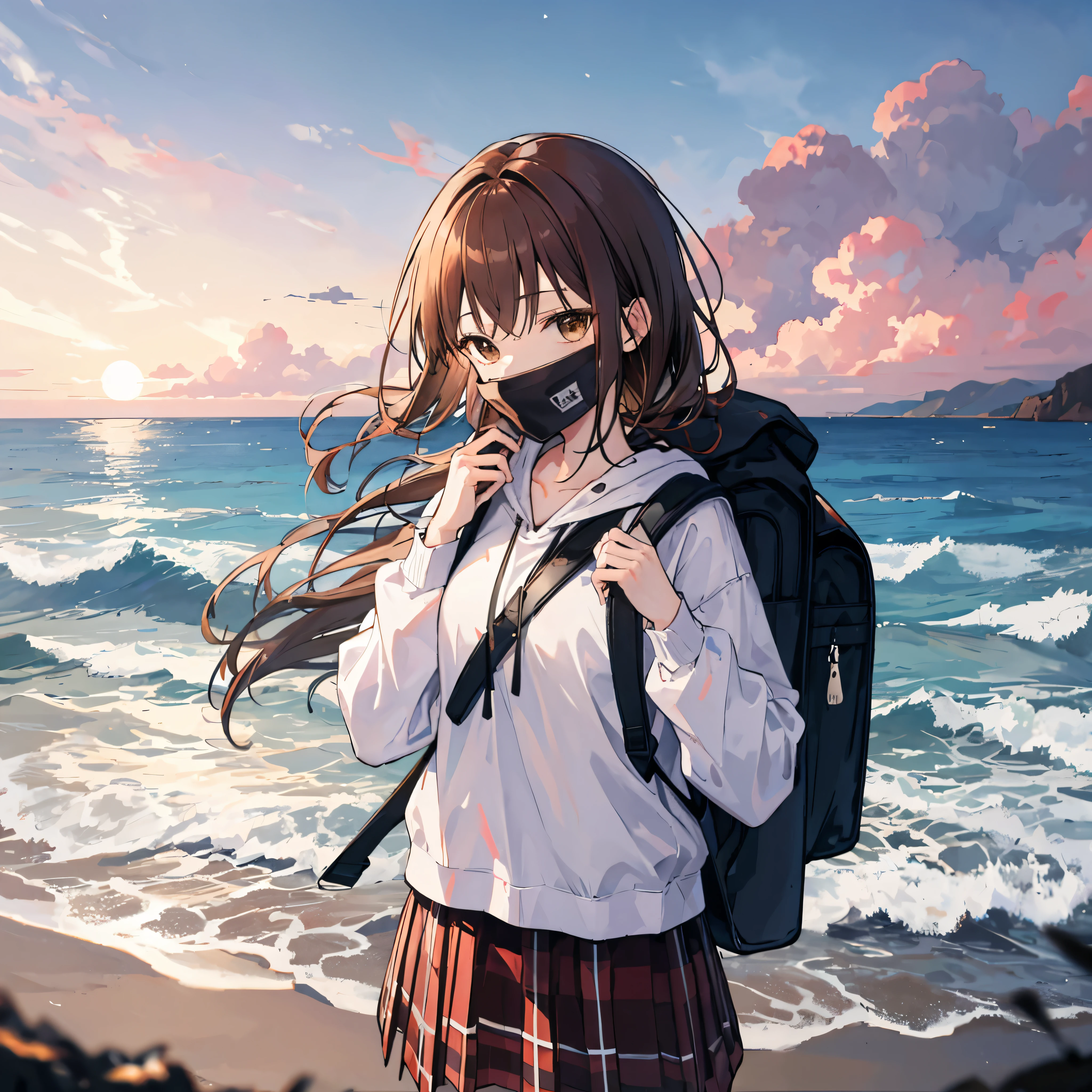 dusk,Brown hair girl,Wearing a white shirt and plaid skirt,The hood covered her face,She carries a backpack on one shoulder,A guitar on one shoulder,Facing the sea。