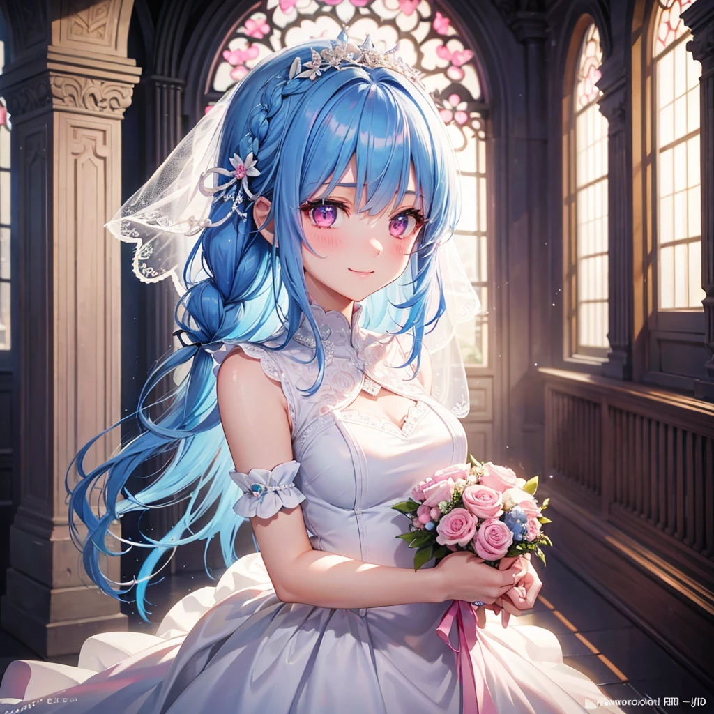 Sky Blue Medium Hair, (Braided Hair),(Pink Eyes),Fair skin ,(whole body),(1 girl),bride,smile、Straight bangs, 6月のbride,Wedding dress,(masterpiece, Highest quality, Very detailed, Best Shadow), (Detailed Background), (Beautifully detailed face), High Contrast, (Best lighting, Very delicate and beautiful), ((Cinematic Light)), colorful, Hyper Detail, Dramatic Light, Intricate details,Wedding hall,