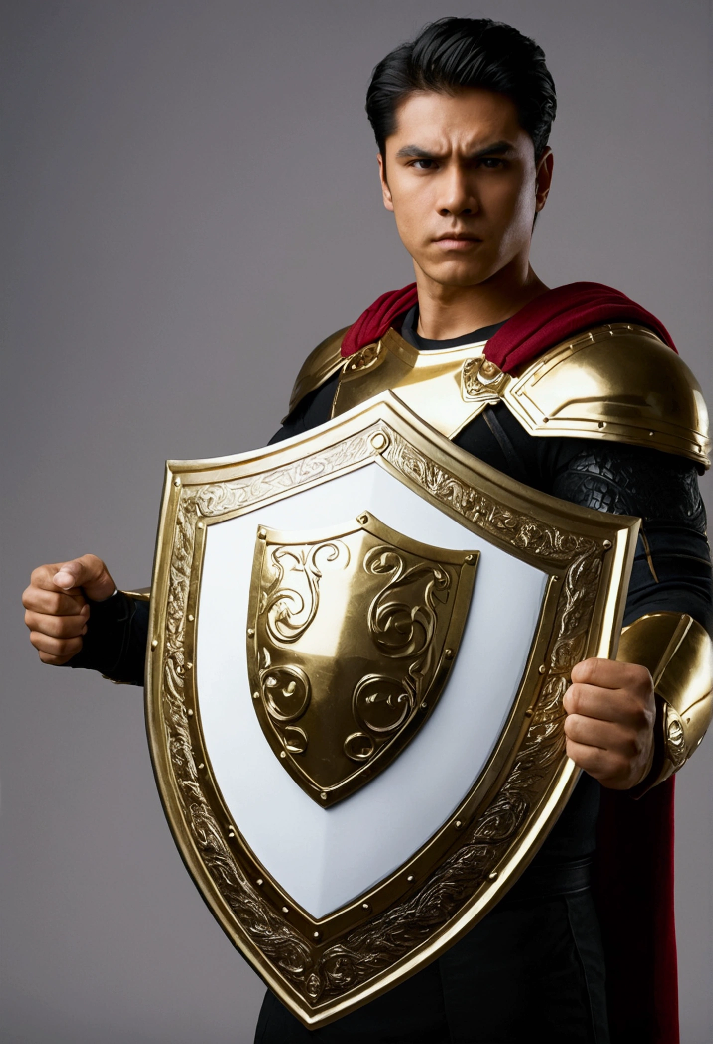 He holds a white and gold shield in his hand