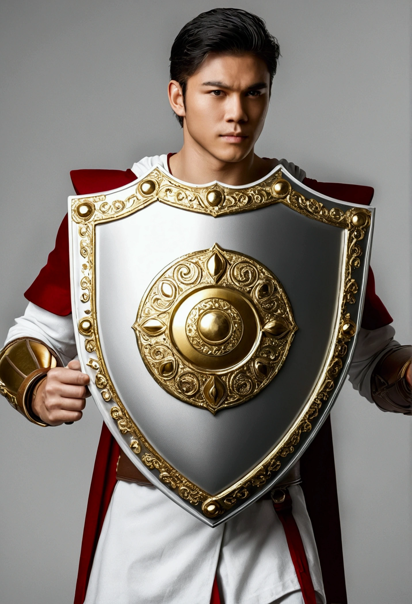 He holds a white and gold shield in his hand