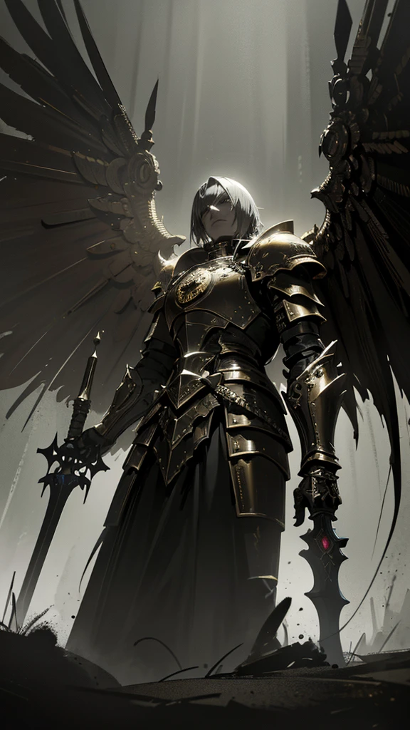 a gothic knight with golden armor, black wings, and a glowing black sword in a post-apocalyptic world, highly detailed, cinematic, dark atmosphere, masterpiece, 8k, hyperrealistic, photorealistic, chiaroscuro lighting, dramatic lighting, dramatic pose, intricate details, intricate textures, cinematic composition, moody colors, rich colors