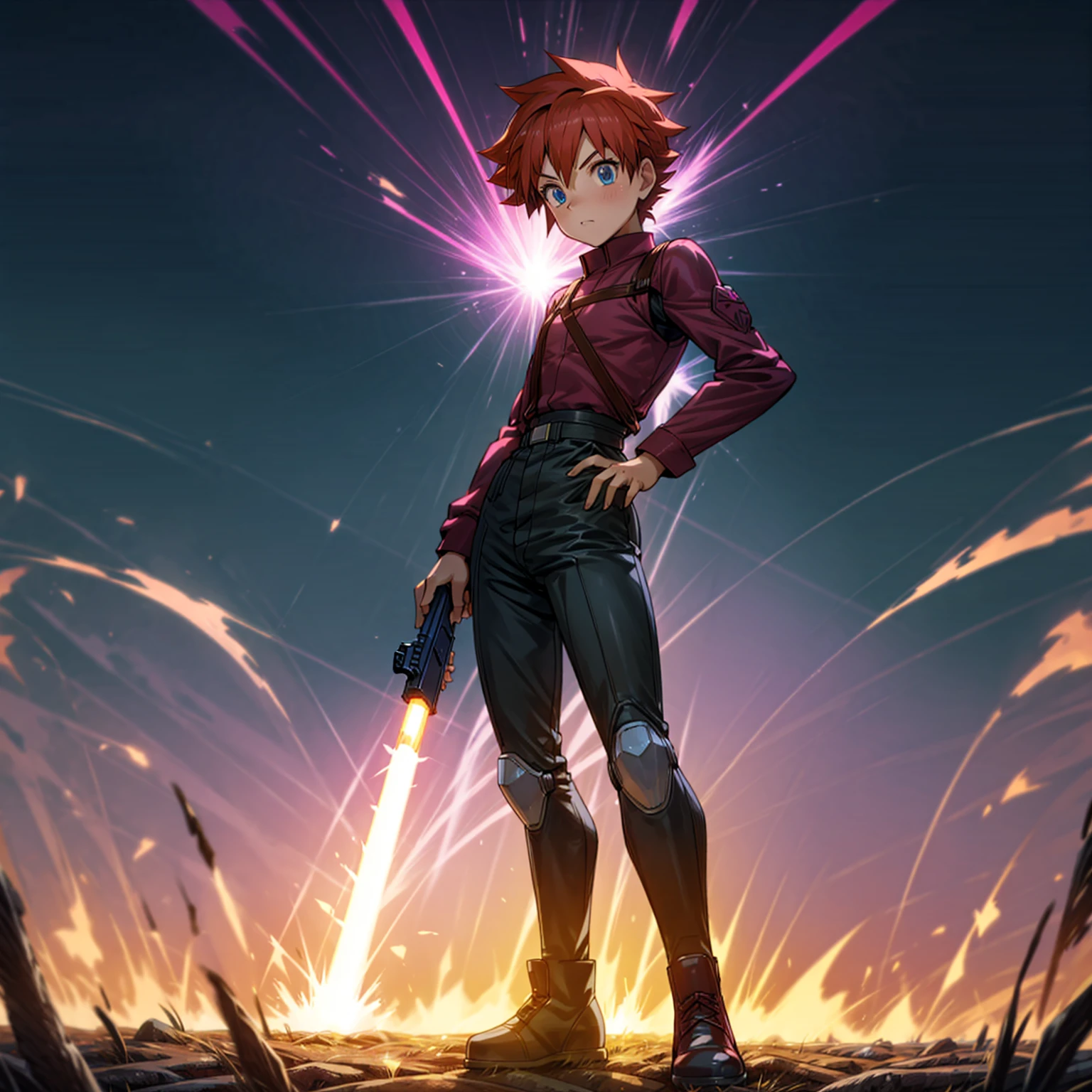 1boy, muscle, Full body version, 1character, blue eyes, short haircut, magenta color hair, Farmer style outfit, Boots, Grassroots, full background in field, motion blur, lighting, (Hunter x Hunter style art), big shotgun in hand, big weapon in hand, robot Shield in hand, smoke effect, fire effect, lighting on gun, plasma effect, Pupils face forward