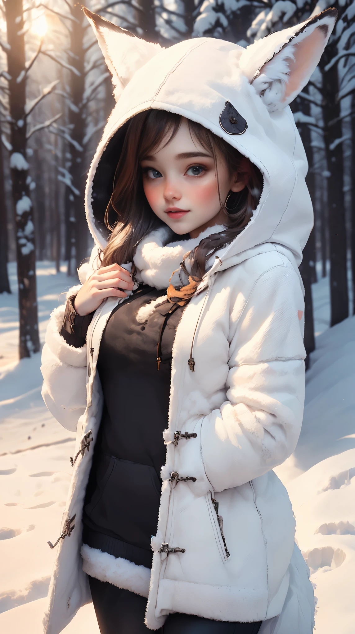 plano general, whole body, (masterpiece:1), (Best Quality:1), (1 girls, pose sexy, extra size, (((ultra realistic face))), splendid smile, , by white, Look seductively, beautiful face, totally beautiful girl , sexy, ((winter clothes, covered and warm body, hooded fox fur winter coat:1.5)), cold snow, in a circle, (Eternal:1.1), (winter nature:1.25), (cosmos:1.5), White theme, high detailed, fractal background, ((snow covering the girl&#39;s legs)), too much snow, HD,8k.