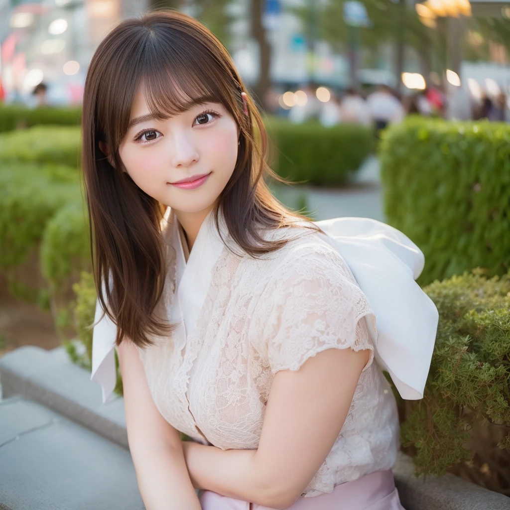 8k RAW photo,Best Quality, top-quality:1.1, masterpiece:1.3,超A high resolution, (Photorealistic:1.4), Raw photo, (upper thigh:1.5, From Side), natural skin textures:1.1, realistic eyes and face details:1.1, Full lips,(bokeh:1.4), (in a suite), 1 Japanese girl, Cute, (独奏:1.6), (Shy smile), (Dark brown eyes), Smooth skin, (Brown medium hair,bangs), (touch hair:1.4),nogizaka,a park,suits、full bodyesbian、:1.4、Officelady:1.2
