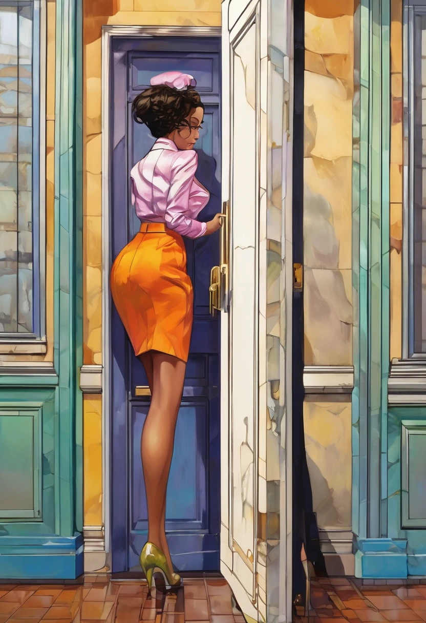 work of art, 1girl behind a door, facing the front, (locked in the door, dam front:1.3), Broad Hips, thick-thighs, colorful clothes, wearing a suit and tie and formal pants, upset