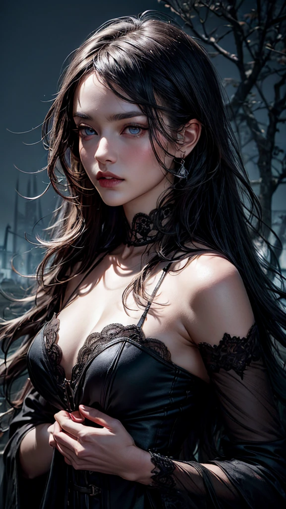 1.2, realistic, Ultra Detail, Ultra High Resolution, blurry, extremely detailed CG unity 8k wallpaper, finely detail, highly detailed, cinematic lightning, official art, perfect anatomy, perfect hands, perfect face, round face, best quality, dreamlikeart, (8k, RAW photo, best quality, masterpiece:1.2), (BREAK:1.7) score_9, score_8_up, rating_questionable, masterpiece, best quality, BREAK, beautiful, masterpiece, best quality, extremely detailed face, perfect lighting, (absurdres), (ultra detailed, 8K, ultra highres:1.2), perfect lighting, (realistic, hyper photorealistic:1.40), (Best quality, 8k, 32k, Masterpiece, UHD:1.2), (beautiful face:1.3), (medium_chest:1.3), (BREAK:1.7), Long flowing black hair with streaks of silver in it, captivating violet eyes that shimmer with curiosity and hidden wisdom, A tattered, gothic-inspired dress with layers of dark fabrics like black lace, deep red velvet, and silver accents.A dark, mystical landscape with an eerie, moonlit sky. Shadows of twisted trees and ancient ruins might be visible.