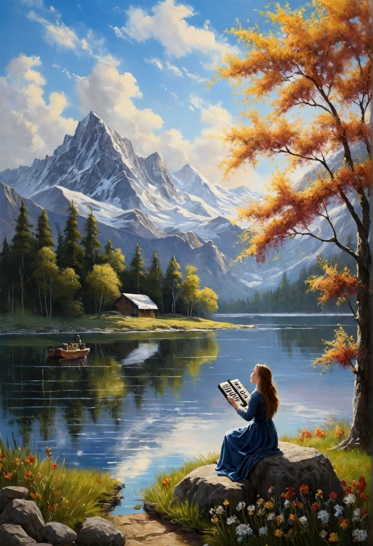 Singing by the lake, In landscape painting, Heaven and earth are thick and cold., Once we meet it's hard to break up, And it's hard to break up.