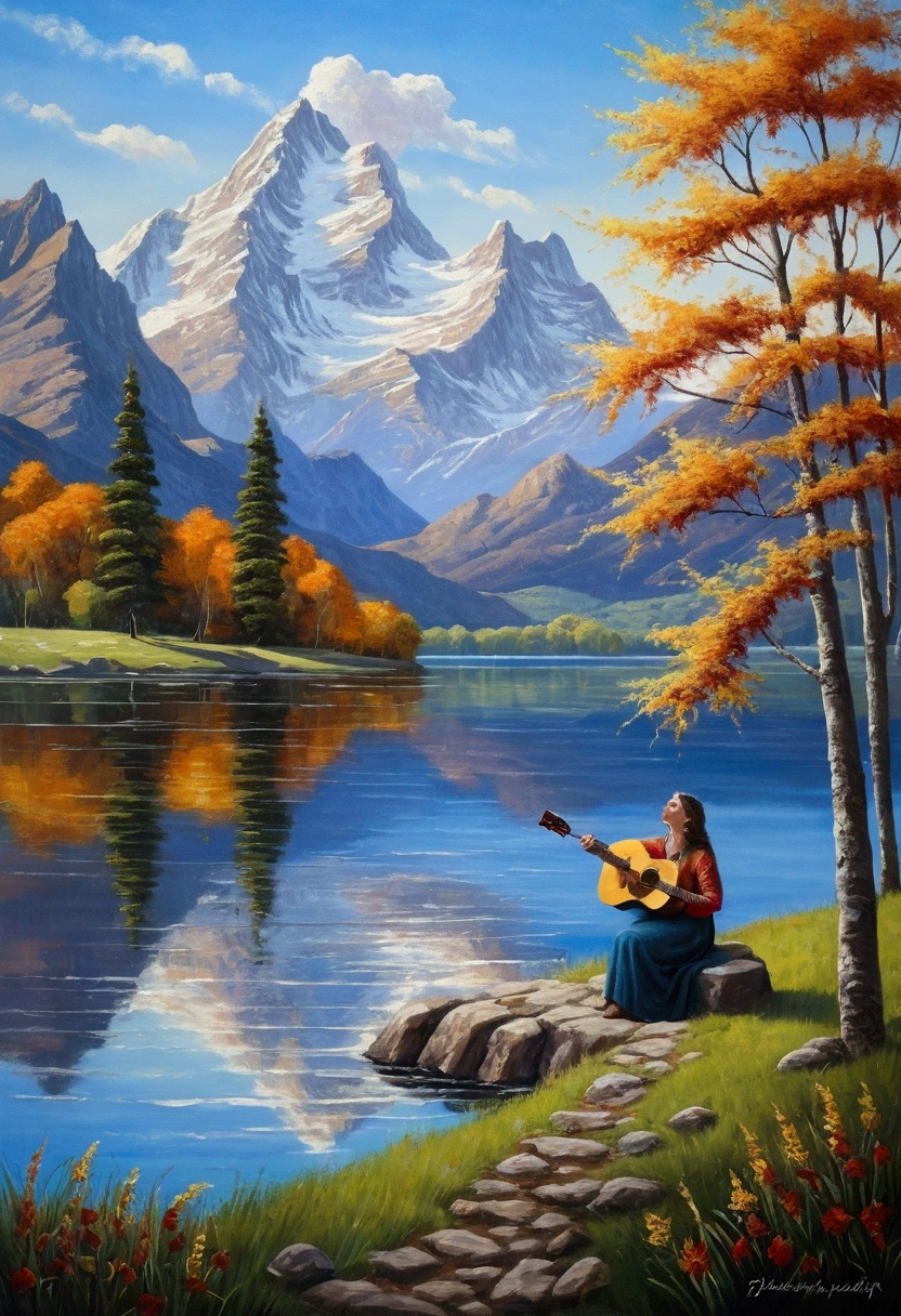 Singing by the lake, In landscape painting, Heaven and earth are thick and cold., Once we meet it's hard to break up, And it's hard to break up.