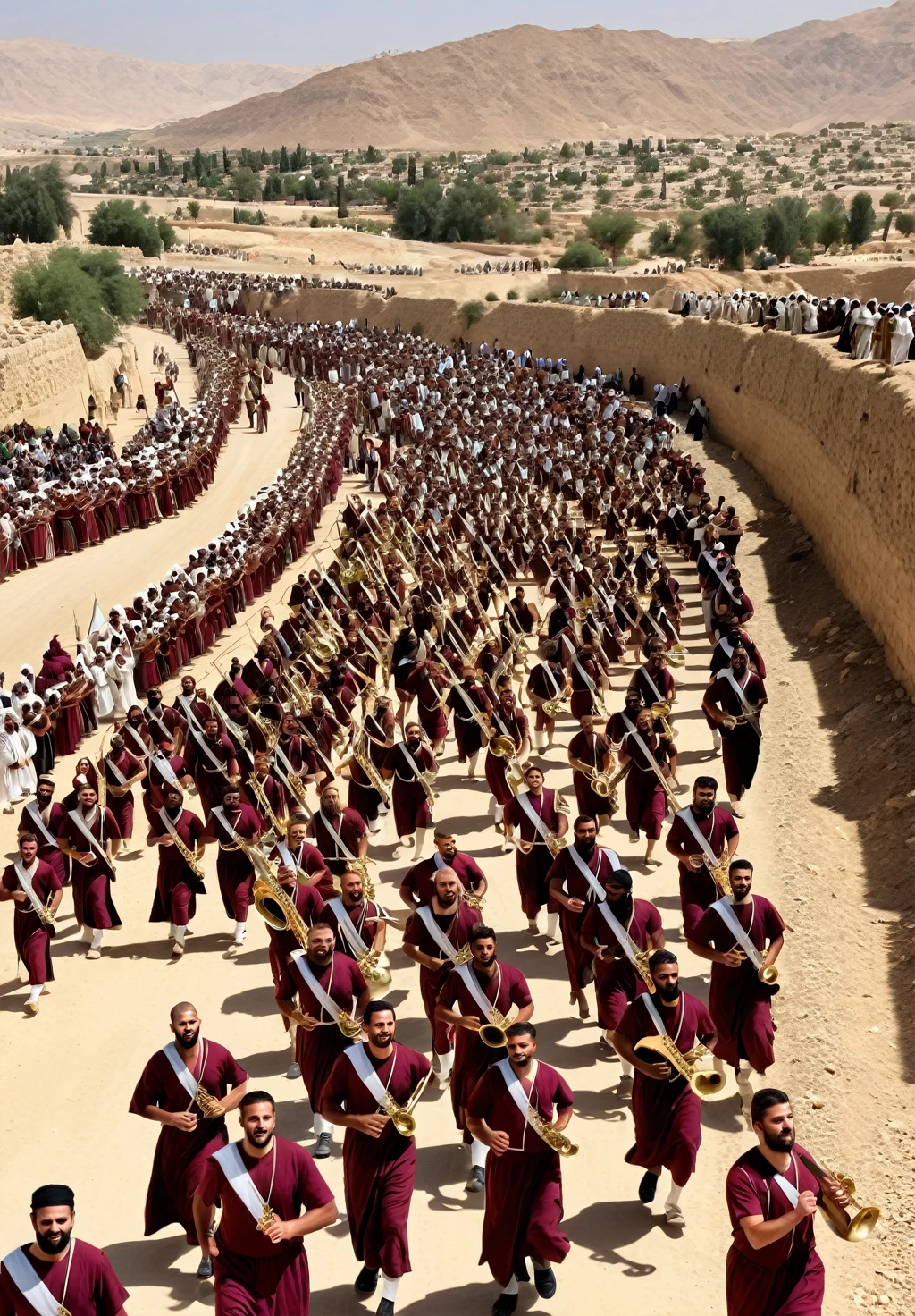 An illustration of the Israelites marching around Jericho, with emphasis on trumpets and collective action.