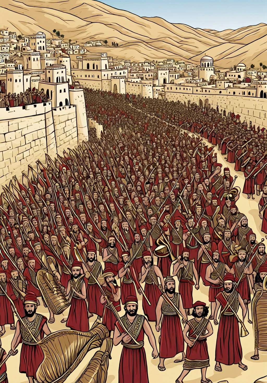 An illustration of the Israelites marching around Jericho, with emphasis on trumpets and collective action.