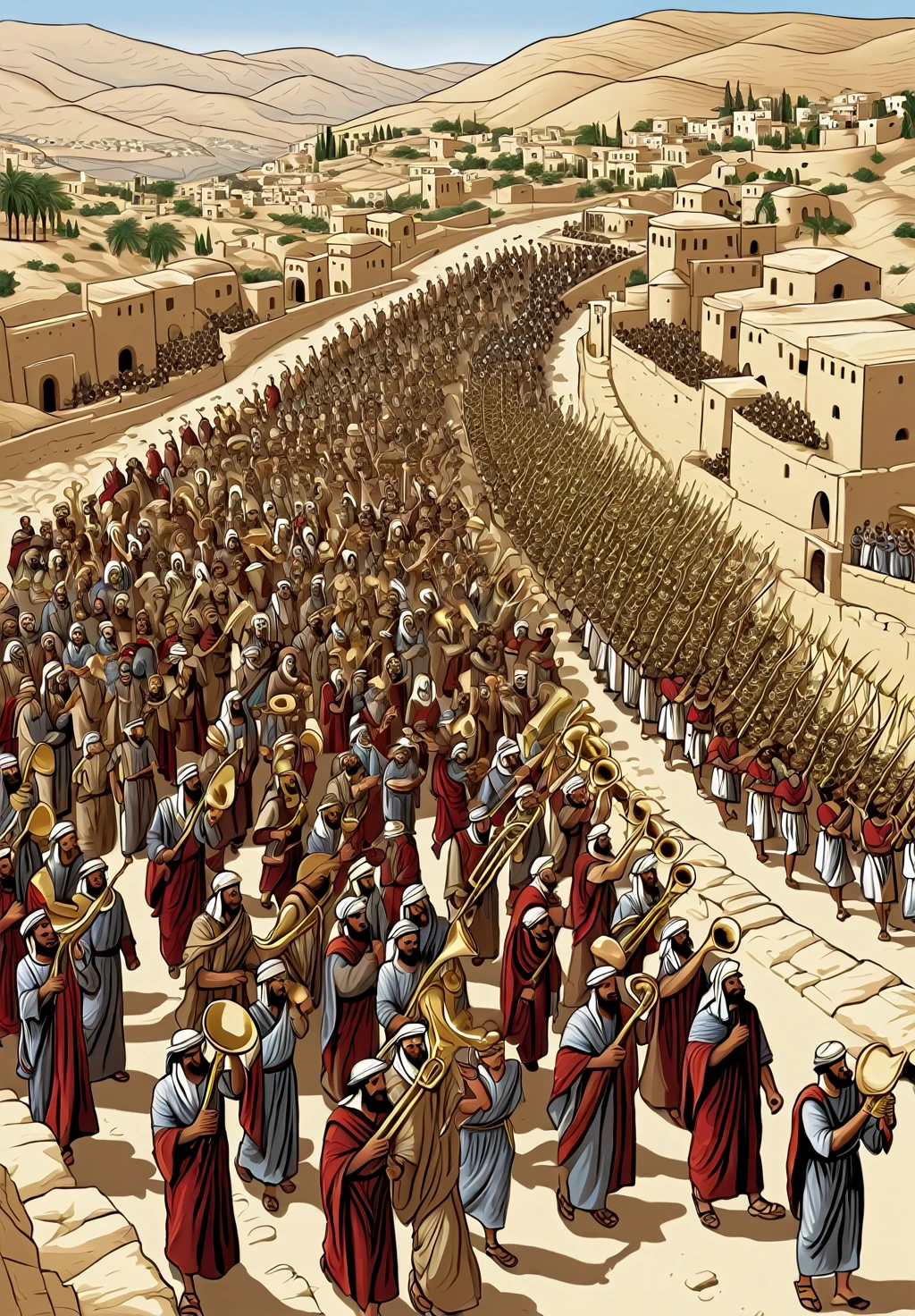 An illustration of the Israelites marching around Jericho, with emphasis on trumpets and collective action.