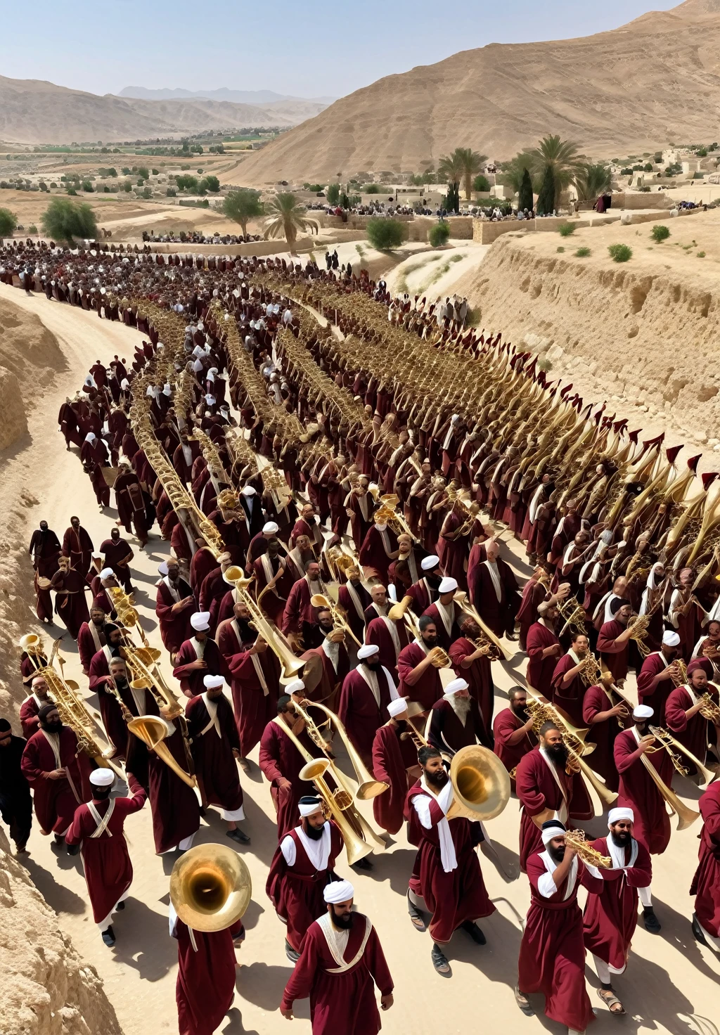 An illustration of the Israelites marching around Jericho, with emphasis on trumpets and collective action.