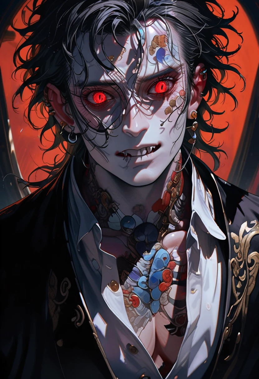 (8K, RAW photos, Best quality, tmasterpiece: 1.4))), (((The man who plays the piano:2))), ultra - detailed, lamplight, Close-up cleavage, Handsome men, red eyes, (detailed eyes, The eyes are bright:1.2), Black medium long hair, Vampires, pale-skinned, ear piercings, Dark, Blackn clothes, Meticulous clothes, gold accessories on clothes, Sharp fangs, (perfect anatomia:1.2), Highqualityshadow, natural lightting, (White highlights:1.2), natta, overcast day, (neck tattoos:1.2), (starrysky:1.2)