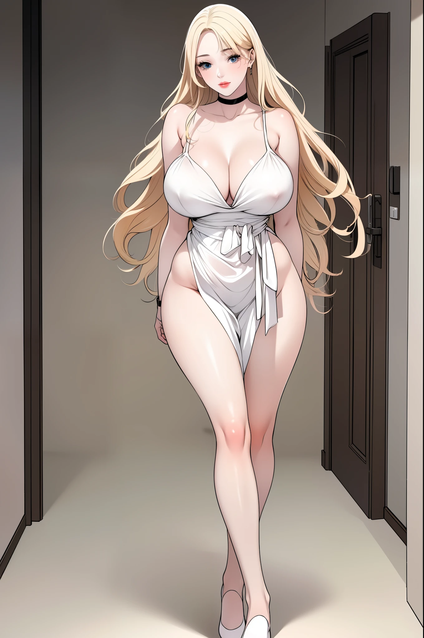 An extremely beautiful stunning woman with a perfect busty body, gold blonde long silky hair, big blue eyes, extremely super bright snow white fair stunning flawless glowing lush shiny flawless white skin, a perfect tight hourglass figure, and a skinny waist, sexy thick smooth luscious legs and thighs, extremely cute smile on the face, bright pink blushes on cheeks, wearing a short loose sexy silky revealing brown nightgown, white slippers, gold necklace on the neck, gold anklets on feet, gold chain on the waist, standing straight, hallway in the background, show full body from head to feet.