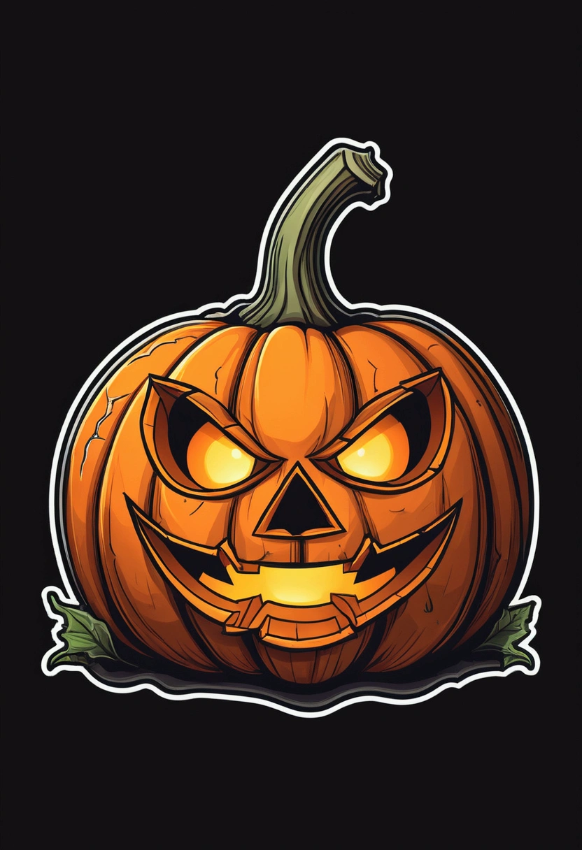 /Imagine Prompt: Halloween pumpkin illustration for stickers on black background, Bold outline style, Jagged Edges, Cemetery , Light Shading --v 5.2