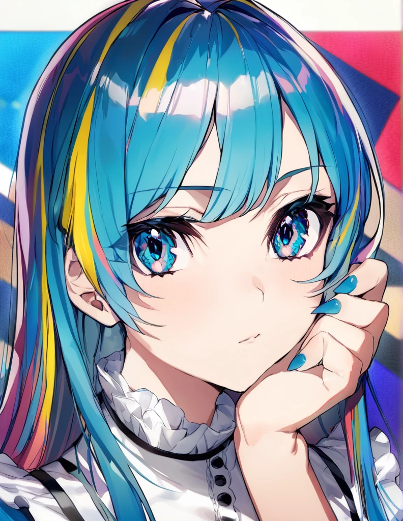 masterpiece, best quality, hstsune miku, solo, blue nails, looking at viewer, bangs, blue eyes, long hair, nail polish, blue hair, hand up, closed mouth, portrait, colorful, creative background, frills, multicolored hair, upper body, fingernails, detailed