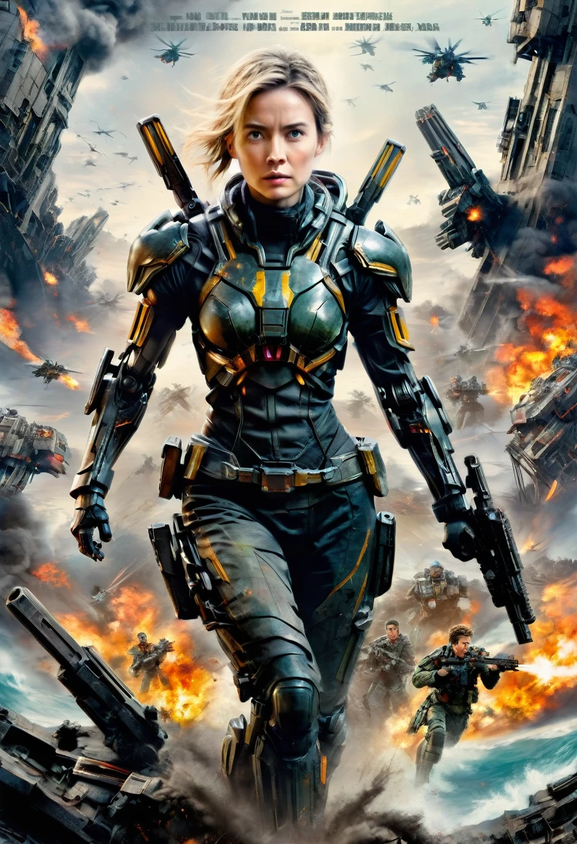 Edge of Tomorrow poster, woman clothing, by Dustin Nguyen, best quality, masterpiece, very aesthetic, perfect composition, intricate details, ultra-detailed