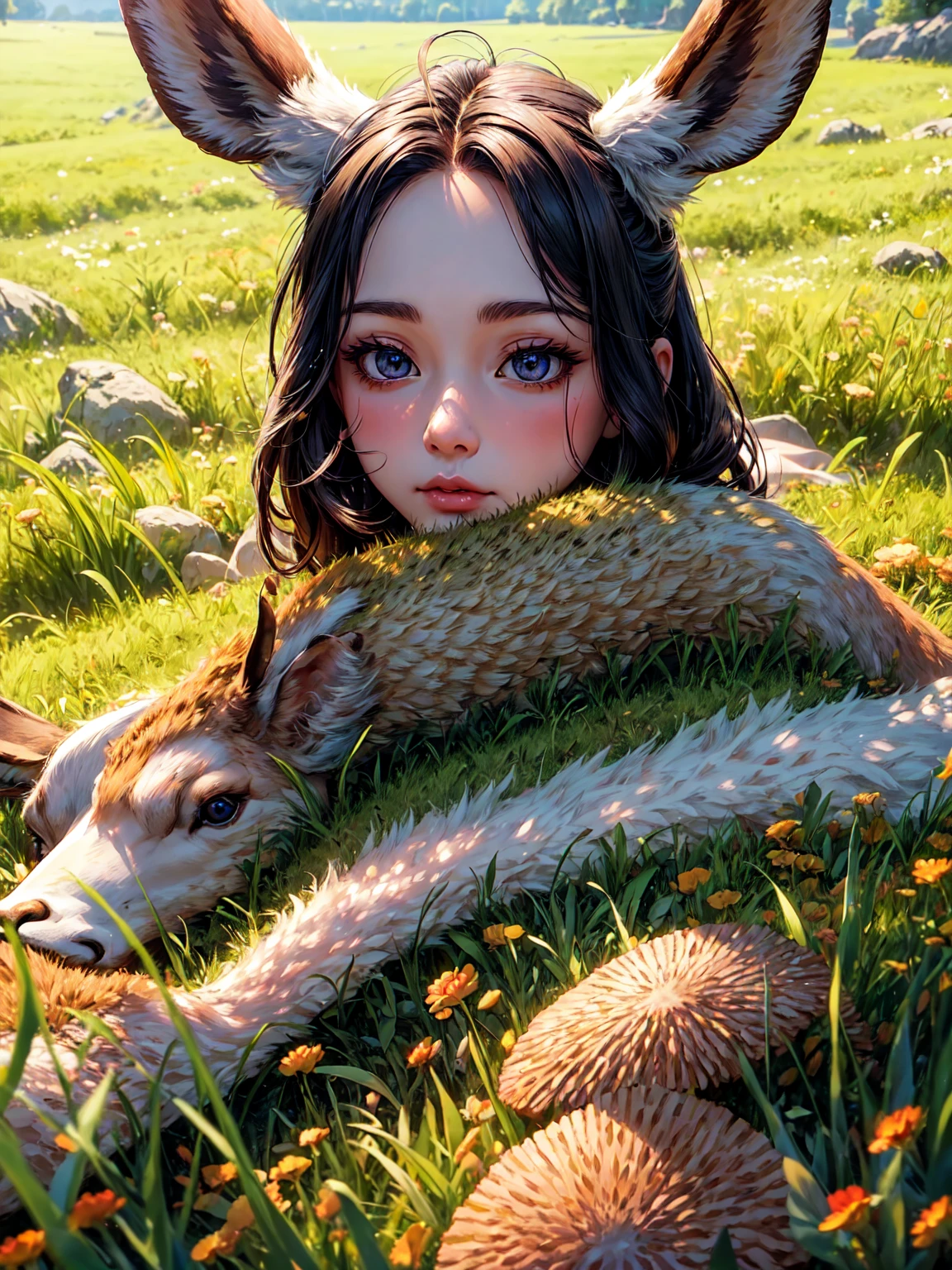 a beautiful deer in a field, deer shaped rice crackers, detailed deer, beautiful detailed eyes, beautiful detailed nose, beautiful detailed mouth, extremely detailed facial features, high quality, 8k, hyper detailed, photorealistic, vibrant colors, studio lighting, natural scenery, lush green grass, warm lighting, golden hour lighting, idyllic, serene, peaceful, tranquil