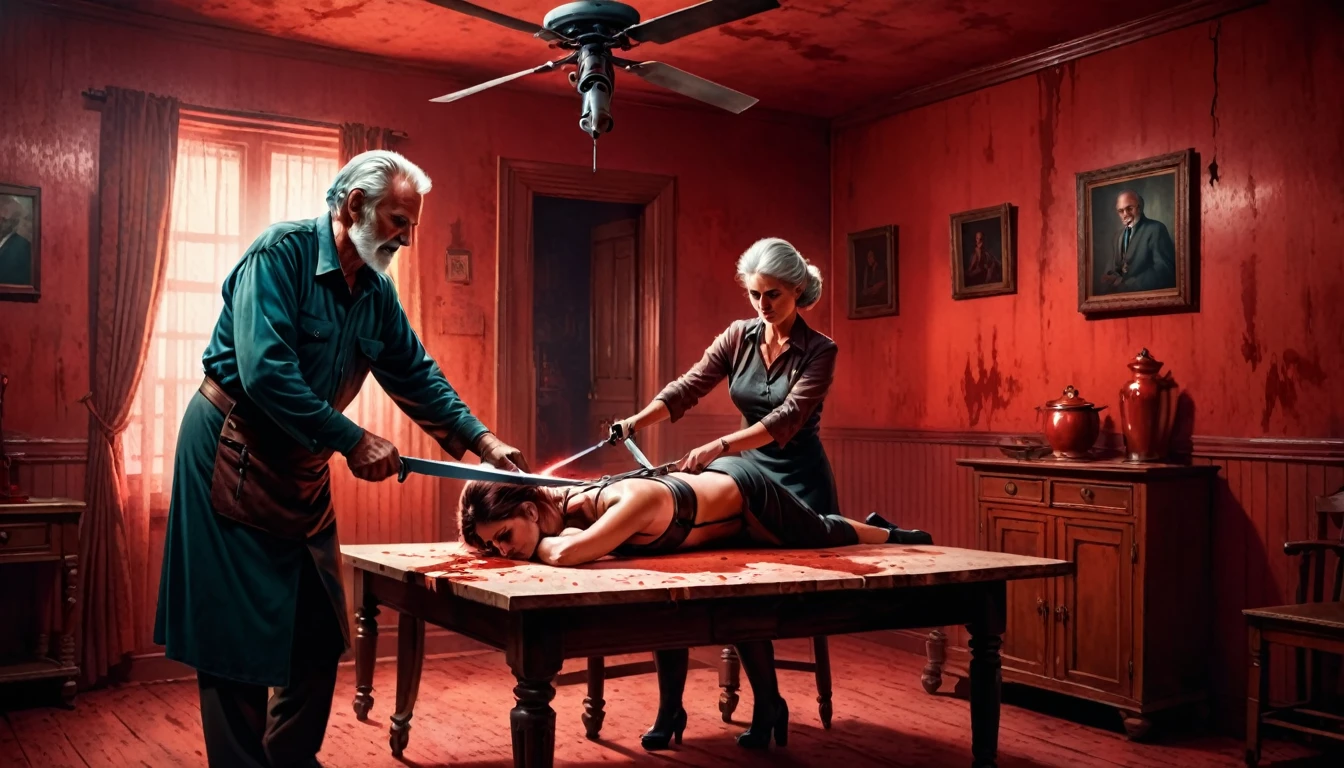 illustration of an old man cutting a lady with chopper in table, posture view, reddish room effect, horror thrilling scene