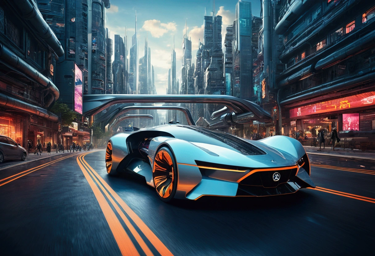 futuristic car driving through a futuristic city