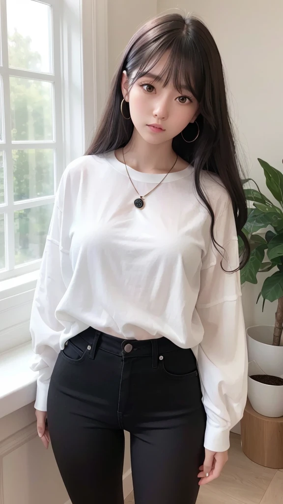 A superb exquisite real beauty girl, black long curly hair, exquisite facial features, peerless beauty, white shirt, black jeans, serious face, soft, dreamy quality, light white and dark brown, exaggerated facial features, solid color, frank off-white, surreal, blue gem necklace, ultra-clear, beautiful young girl, cute and lively, super short tights, background by the window