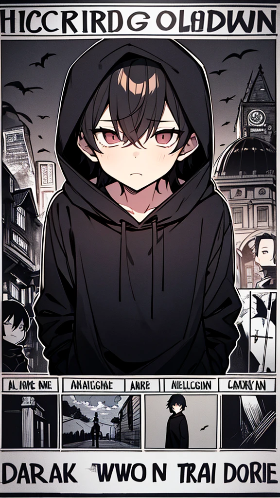 Poster of horror scenario,dark night, a boy in black long hoodie