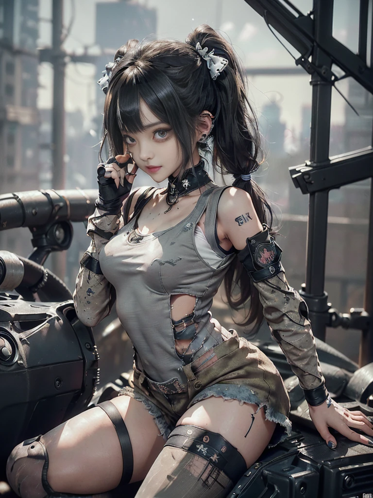 (Full Body View:1.3)、(squat:1.1)、(Please smile with your teeth showing:1.4),(Shibuya Gal:1.5)、(Gothic Lolita style fashion:1.5)、(Tattered khaki and gray futuristic micro high leg bodysuit:1.5)、(Tattered Khakis and White Micro Fancy Sleeves:1.5)、(Tattered khaki micro shorts:1.5)、(Brown and khaki knee socks:1.3)、(camouflage:1.3)、(Military jacket:1.4)、Brown boots、Khaki gloves、internal、(The underwear is striped:1.4)、23 years old、(Doing a ballerina pose:1.3)、((Highest quality、8k、masterpiece:1.3))、One girl、The beauty of slim abs:1.3、(Hairstyle Casual、Big Tits:1.1)、dress:1.1、Super small face、Narrow eyes、double eyelid、Laughter、Esbian all over body、Dynamic Angle、Close-up、CPL Filter、Blurred Background、Bokeh、Blue Hour、Detailed face and skin texture、Detailed Eyes,(Twin tails:1.3)、(Black brown hair:1.4)、Gravure idol pose、(The background is the cockpit of a futuristic weapon.:1.3)、(The body is slim:1.2),(Slim legs:1.4),(clavicle:1.1)