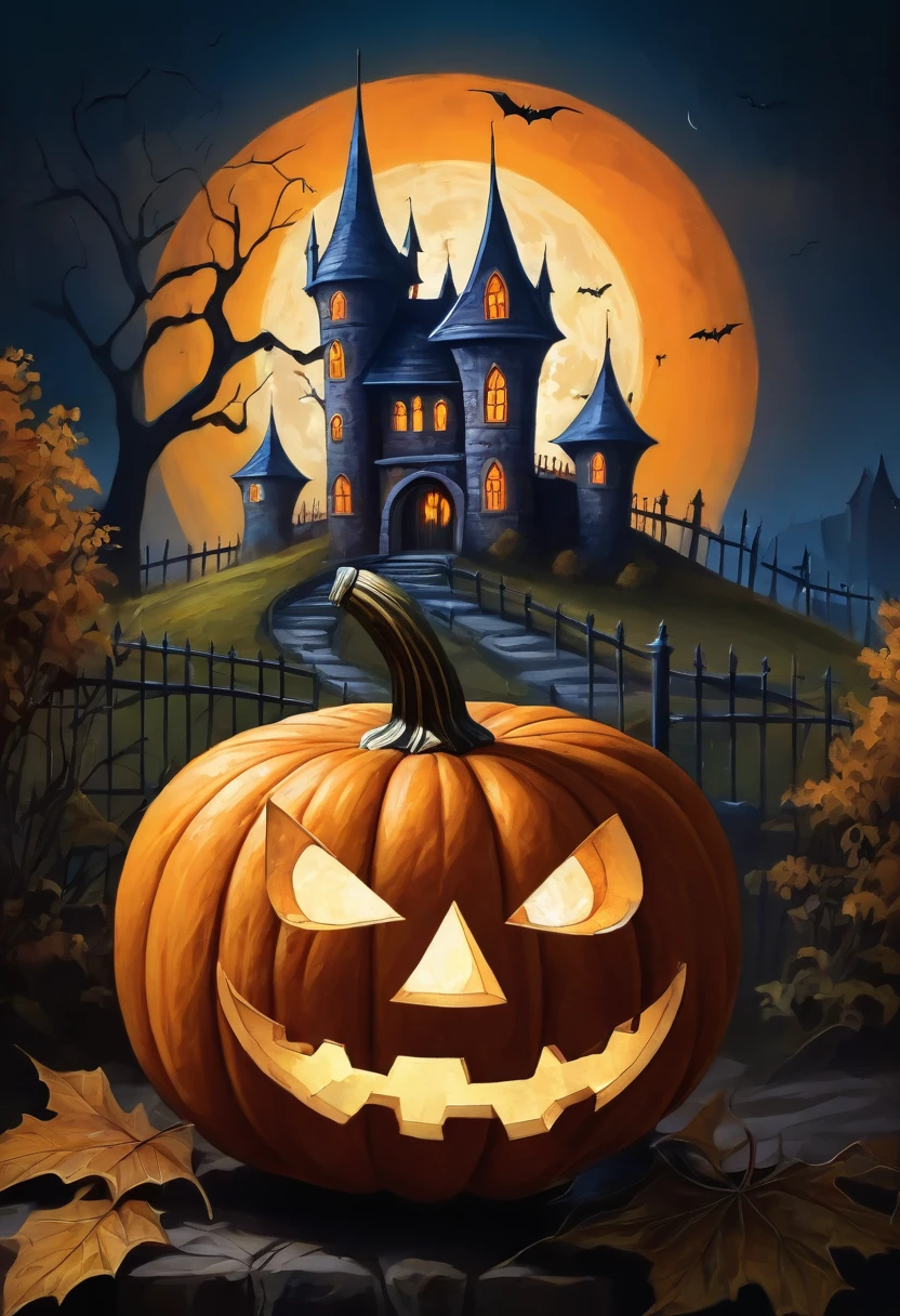 Pumkin with eyes and mouth, Halloween Theme, Dynamic atmosphere , Dramatic scenes, halloween pictures, Illustration Style, Oil paint style, Daviant Art, Shining old castle in the distant background,