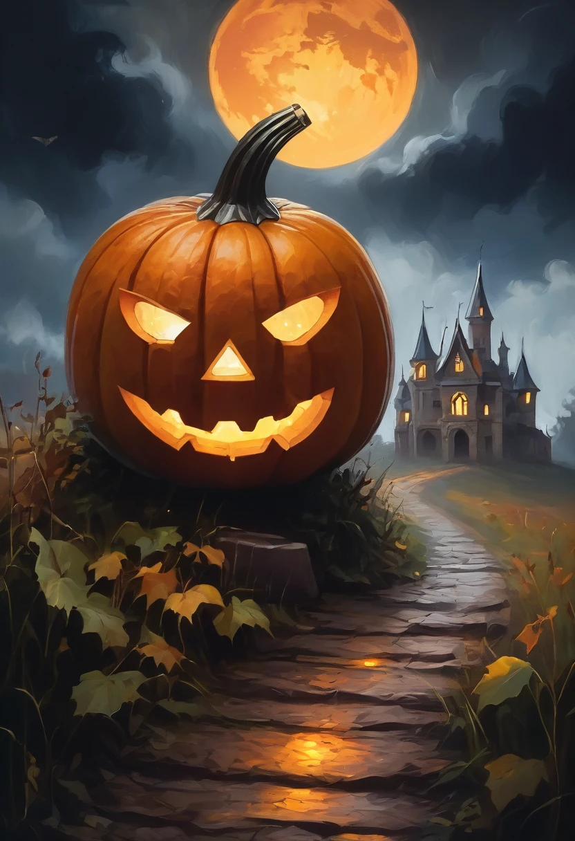 Pumkin with eyes and mouth, Halloween Theme, Dynamic atmosphere , Dramatic scenes, halloween pictures, Illustration Style, Oil paint style, Daviant Art, Shining old castle in the distant background,