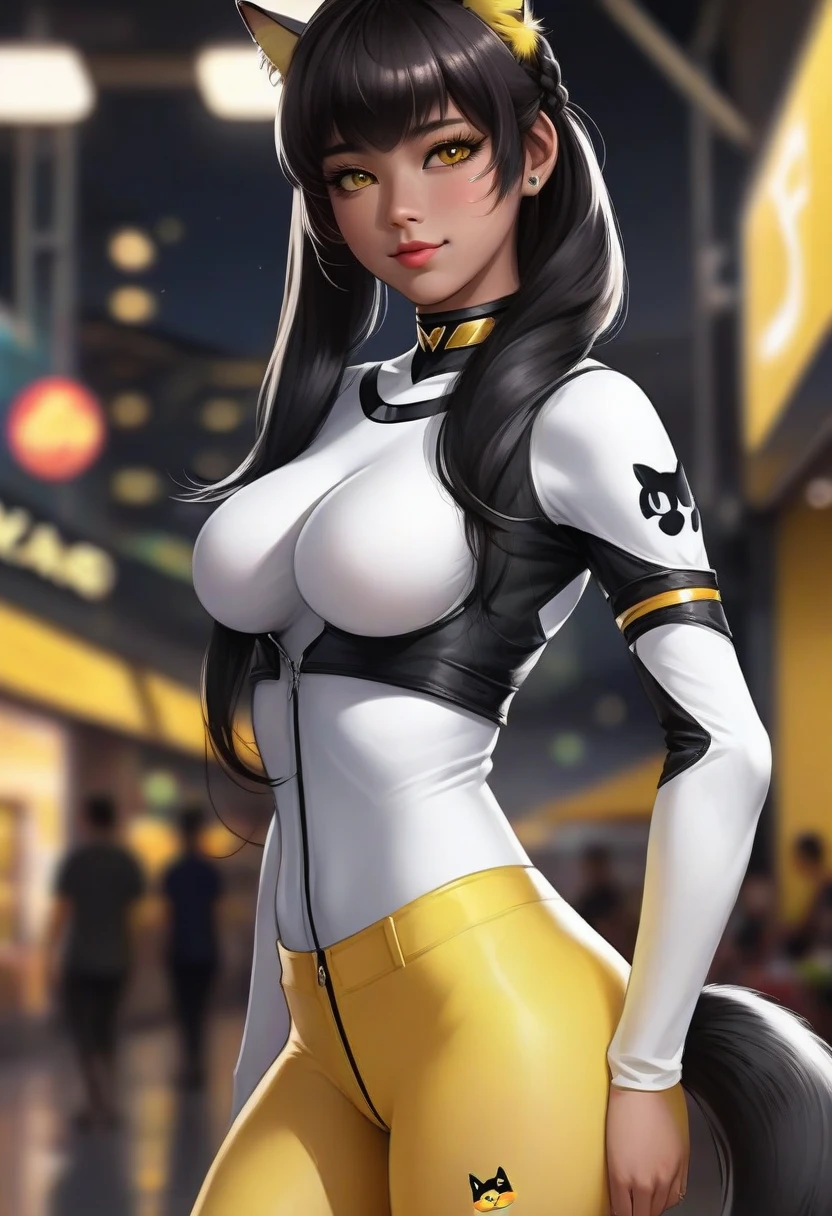 Pony Custom_artwork style, 1 girl, standing alone, hands, beautiful woman, Asian, thick, Cat-like girl, Cat ear, double braided hair, Straight bangs with yellow ends, black hair with yellow tips, yellow lipstick, yellow eyes, dark skin, lively smile, mouth piercing, tail, black tights, Eyeliner, thin, piercing, realistic, textures, 8K, perfect hand, perfect anatomy, visible curves, Breasth