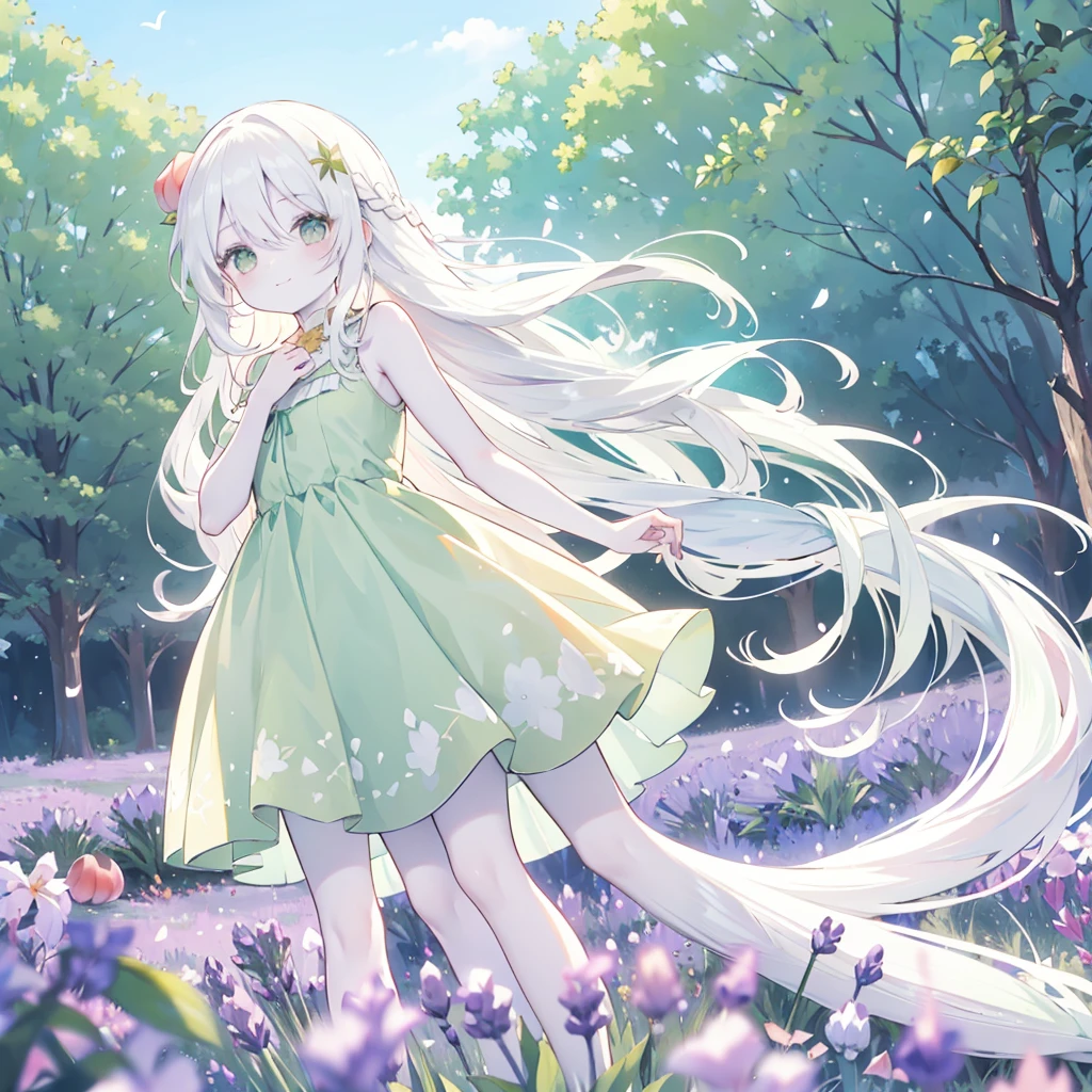 girl, standing, smiling, (healthy peach-colored skin:1.5), (pure white long hair:2.0), 
BREAK
sleeveless, (pale green dress:1.5), bracelet, (background is a vast lavender field:1.4), (wide blue sky:1.1) 