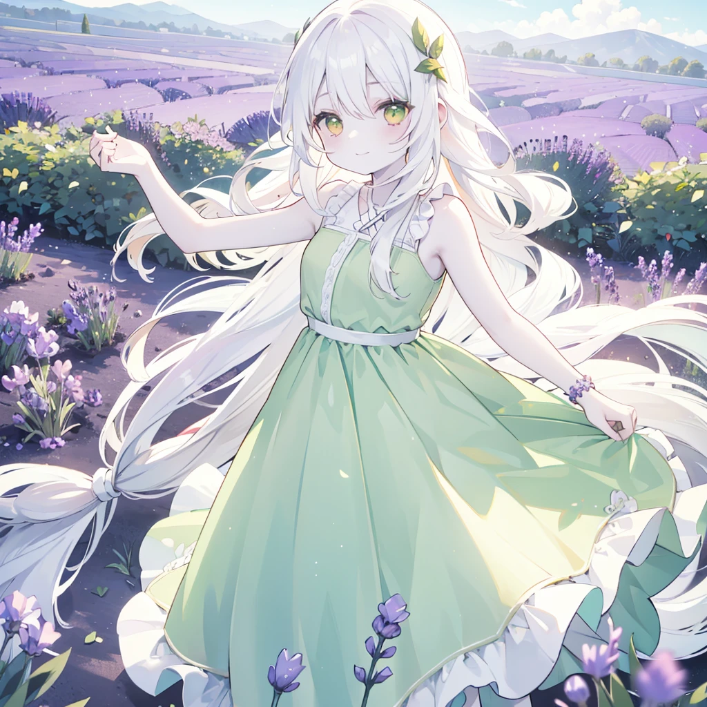 girl, standing, smiling, (healthy peach-colored skin:1.5), (pure white long hair:2.0), 
BREAK
sleeveless, (pale green dress:1.5), bracelet, (background is a vast lavender field:1.4), (wide blue sky:1.1) 