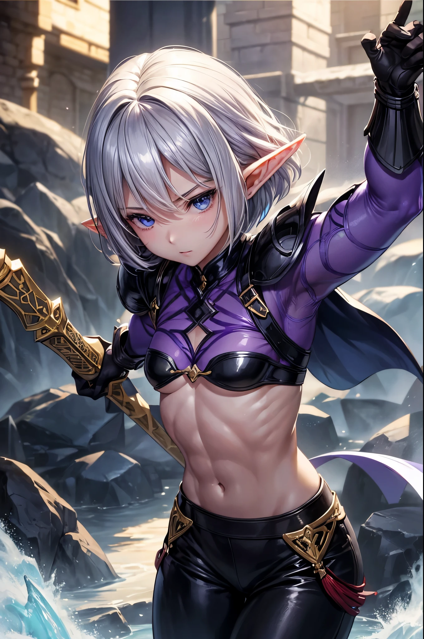 8k、Blonde short bob hair elf、Super Beauty(Realistic)、Alafeid woman dressed in purple and black、Ultra-detailed fantasy characters、3D Rendering Character Art、blue eyes、Detail Fantasy、Stunning Armor、Amazing character art、Gorgeous Female Paladin、Ultra-high resolution、Ultra-Realistic Skin、Beautiful expression、Sexy Appearance、Fascinating、Beautiful small breasts、Rich colors、Backlight、Cinema Lighting、Film Grain、50mm lens、Nikon D850、Fantasy art、In the dark dungeon、make、Elf Ears、Very muscular and slim build、Very strong and toned abdominal muscles腹筋(Six Pack)、Silver hair ornament(one point)、Purple and black combat pants、湾曲した銀2Hold two swords in each hand、Preparing for battle、Short blonde bob,Strengthen all body muscles,Very strong and toned abdominal muscles(Six Pack),2Hold two swords in each hand,Silver hair ornament,Amazing muscles,Bodybuilder,Dynamic fighting pose,Black and purple combat trousers,