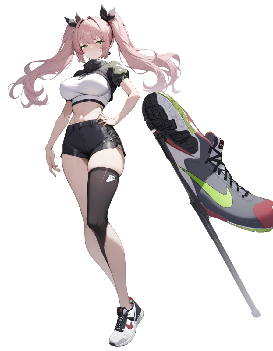 8k, best quality, masterpiece, (ultra-detailed:1.1), (one green eye:1.3), (high detailed skin), (full body:1.2), white background, standing, looking at viewer, (solo:1.4), hand on hip, nike, 1girl, large breasts, hair ribbon, twintails, pink hair, tube top, midriff, black shorts, (single thighhigh:1.2), (white background, simple background:1.4), ( good hands, nice hands:0.5), (beautiful_face), ((intricate_detail)), clear face, ((finely_detailed)), fine_fabric_emphasis, ((glossy))
