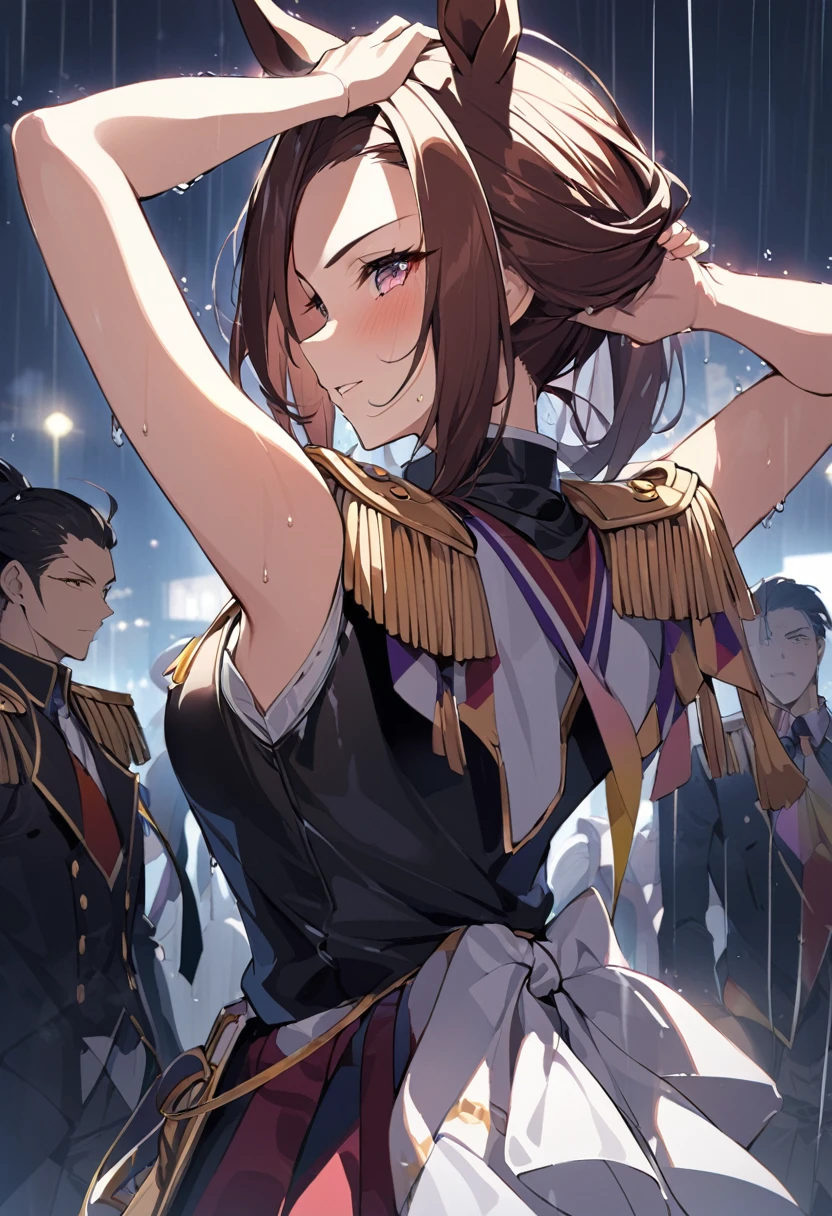 masterpiece, Highest quality,, Sakura Bakushin ○ (umamusume),, (cl○se-up:1.2), rain, cl○ud, cl○udy, shad○w,, seri○us, Raise the hand, Underarm, cl○sed m○uth, m○uth h○ld,, Epaulettes, black gl○ves, No sleeve, yell○w neckerchief, shirt, Tying up hair,