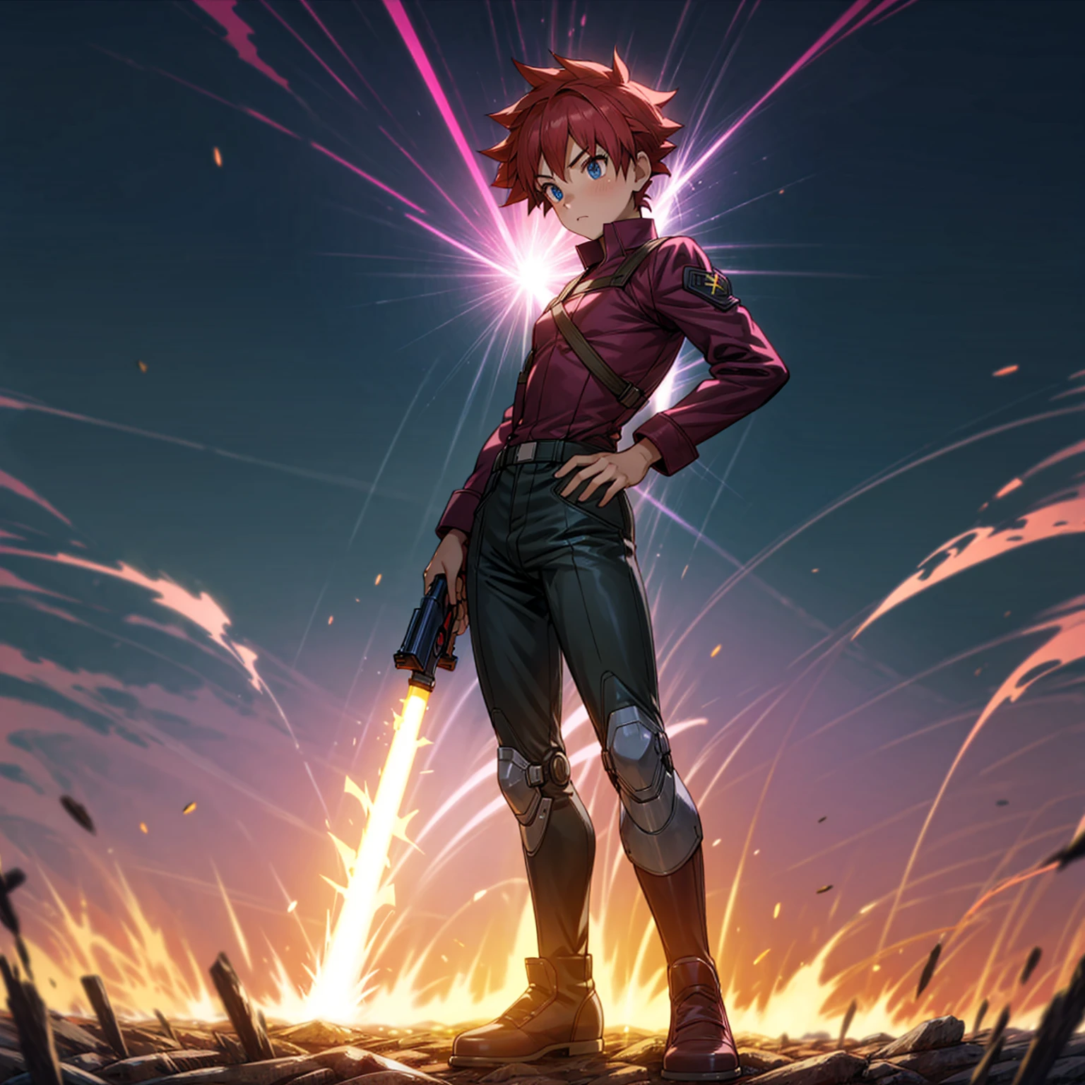 1boy, muscle, Full body version, 1character, blue eyes, short haircut, magenta color hair, Farmer style outfit, Boots, Grassroots, full background in field, motion blur, lighting, (Hunter x Hunter style art), big shotgun in hand, big weapon in hand, robot Shield in hand, smoke effect, fire effect, lighting on gun, plasma effect, Pupils face forward