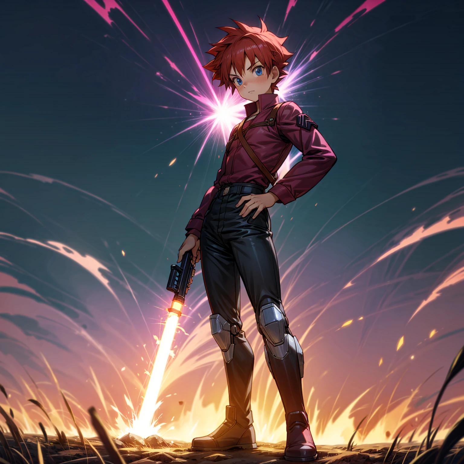 1boy, muscle, Full body version, 1character, blue eyes, short haircut, magenta color hair, Farmer style outfit, Boots, Grassroots, full background in field, motion blur, lighting, (Hunter x Hunter style art), big shotgun in hand, big weapon in hand, robot Shield in hand, smoke effect, fire effect, lighting on gun, plasma effect, Pupils face forward