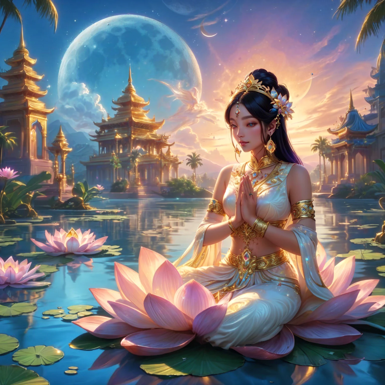 super model woman , golden crown , pink mouth ,Dressed in gold, standing in front of a crescent moon., goddess of heaven, goddess of the moon, anime goddess, beautiful heavenly mage, lunar goddess, Moon Goddess, Golden Lotus Princess, Goddess of the Galaxy, Beautiful Fantasy Empress, ((Beautiful Fantasy Empress)), Goddess and Moon, As the sun goddess,, Goddess of space and time , , Fine gold jewelry , red diamond , Indian city background