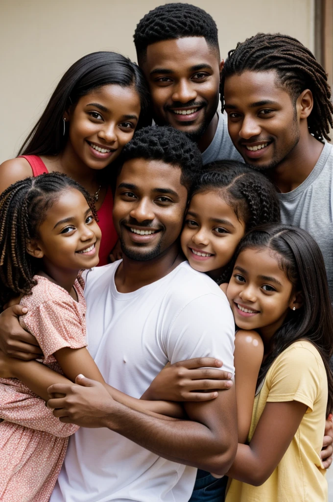 Brown skin father hugging 3 girls and 2 boys
