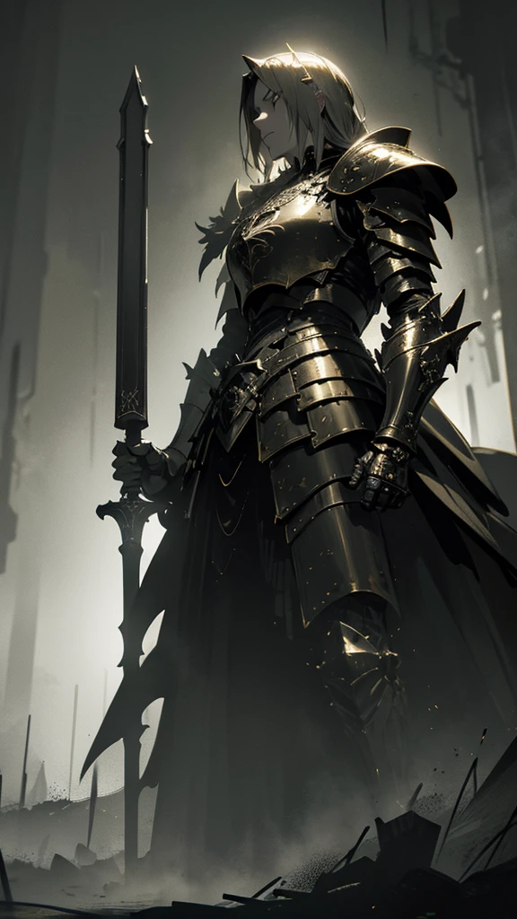 a gothic knight with golden armor, black wings, and a glowing black sword in a post-apocalyptic world, highly detailed, cinematic, dark atmosphere, masterpiece, 8k, hyperrealistic, photorealistic, chiaroscuro lighting, dramatic lighting, dramatic pose, intricate details, intricate textures, cinematic composition, moody colors, rich colors