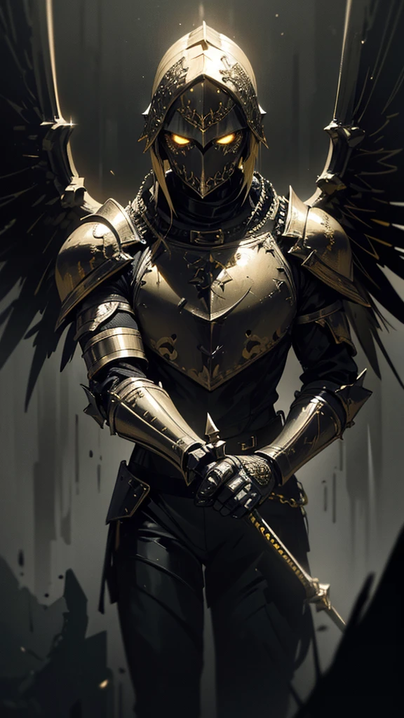 a gothic knight with golden armor, black wings, and a glowing black sword in a post-apocalyptic world, highly detailed, cinematic, dark atmosphere, masterpiece, 8k, hyperrealistic, photorealistic, chiaroscuro lighting, dramatic lighting, dramatic pose, intricate details, intricate textures, cinematic composition, moody colors, rich colors