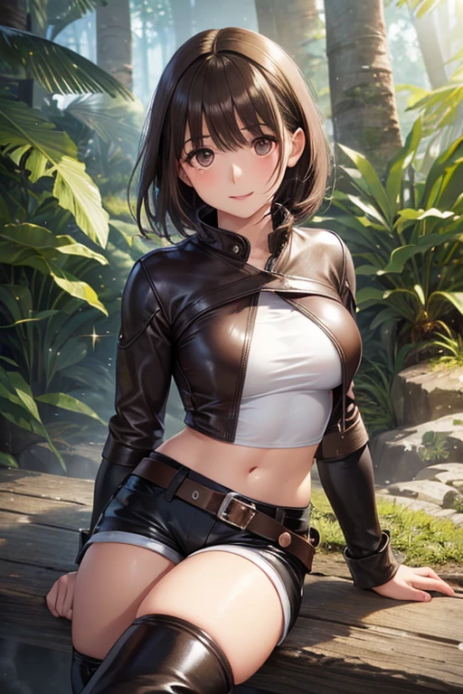anegasaki nene、Shiny brown hair, short hair, (Beautiful brown eyes、Sparkling eyes, Fine grain)、smile、Ultra-detailed eyes、Highly detailed face, Highly detailed eyes,Cowboy Shot、



(masterpiece:1.2, Highest quality),(Realistic, photoRealistic:1.4),1 female,
Digital Portrait、Realistic depiction of the human body、RAW Photos、One Girl、Fuller lipalaise、Shortcuts、(((複雑な構造のAdventurerのジャケット, hot pants, Leather long boots)))、Highest quality、Super Resolution、masterpiece:1.5、Medium depth of field、50ｍｍlens、Cinema Lighting、Backlight、Professional Photographer、Deep Jungle, Adventurer, beast, Indiana Jones
