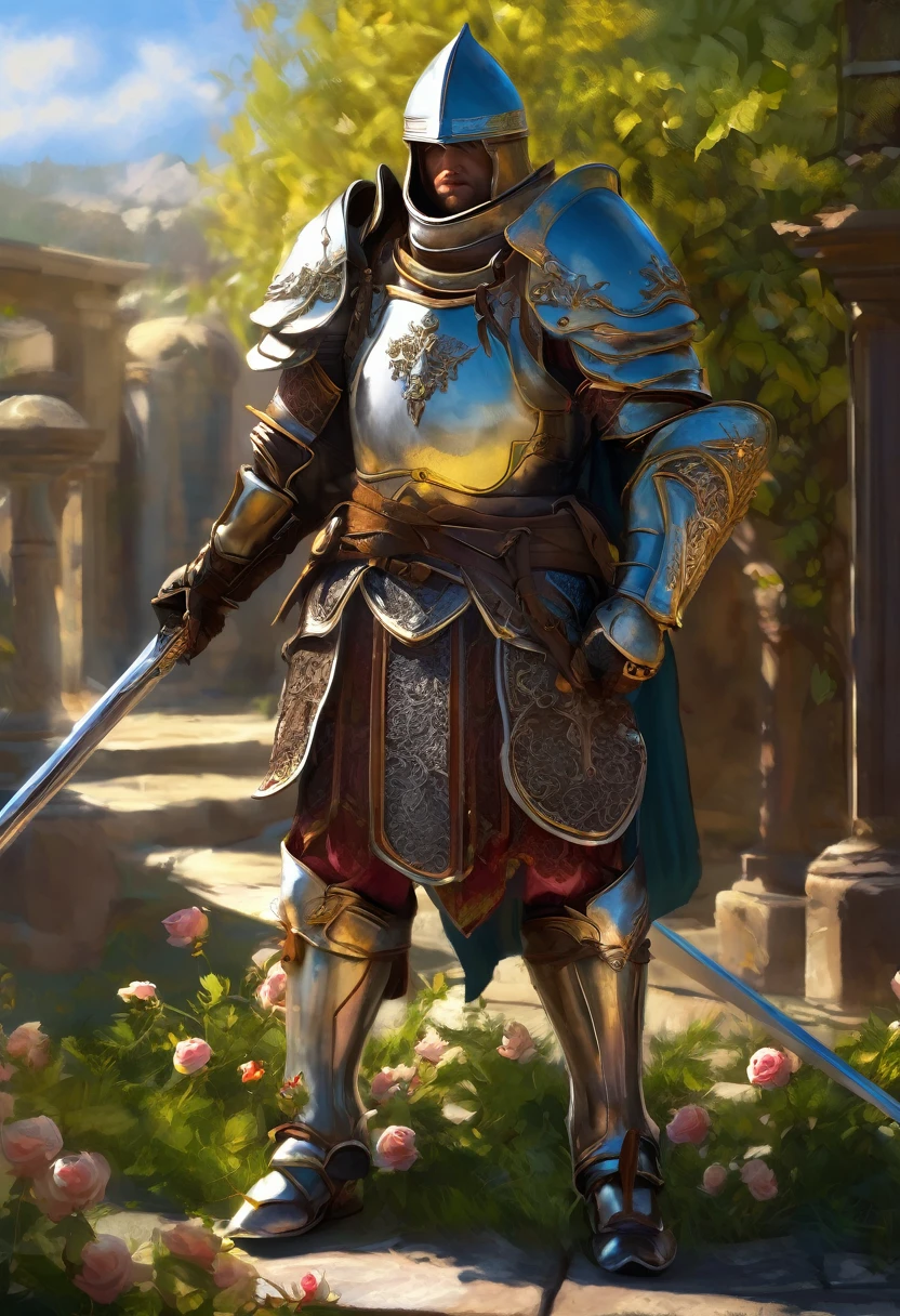 Original character, fantasy concept art, volumetric lighting, better shadows, Shallow depth of field, Portrait of the noble knight, dignified, Delicate tactical heavy armor, Opaque Visor, Face armor, walking sticks, Tasset belt, gauntle, poleyn, High quality armor texture, broadshouldered, Extremely high. Sword Sheath, standing, crossed arms, looking ahead at viewer, bright sunlight, Roses garden, Rose Hawthorn, (highest quallity, Incredible details:1.25), (standing alone:1.3), Brightly Colored Paintings